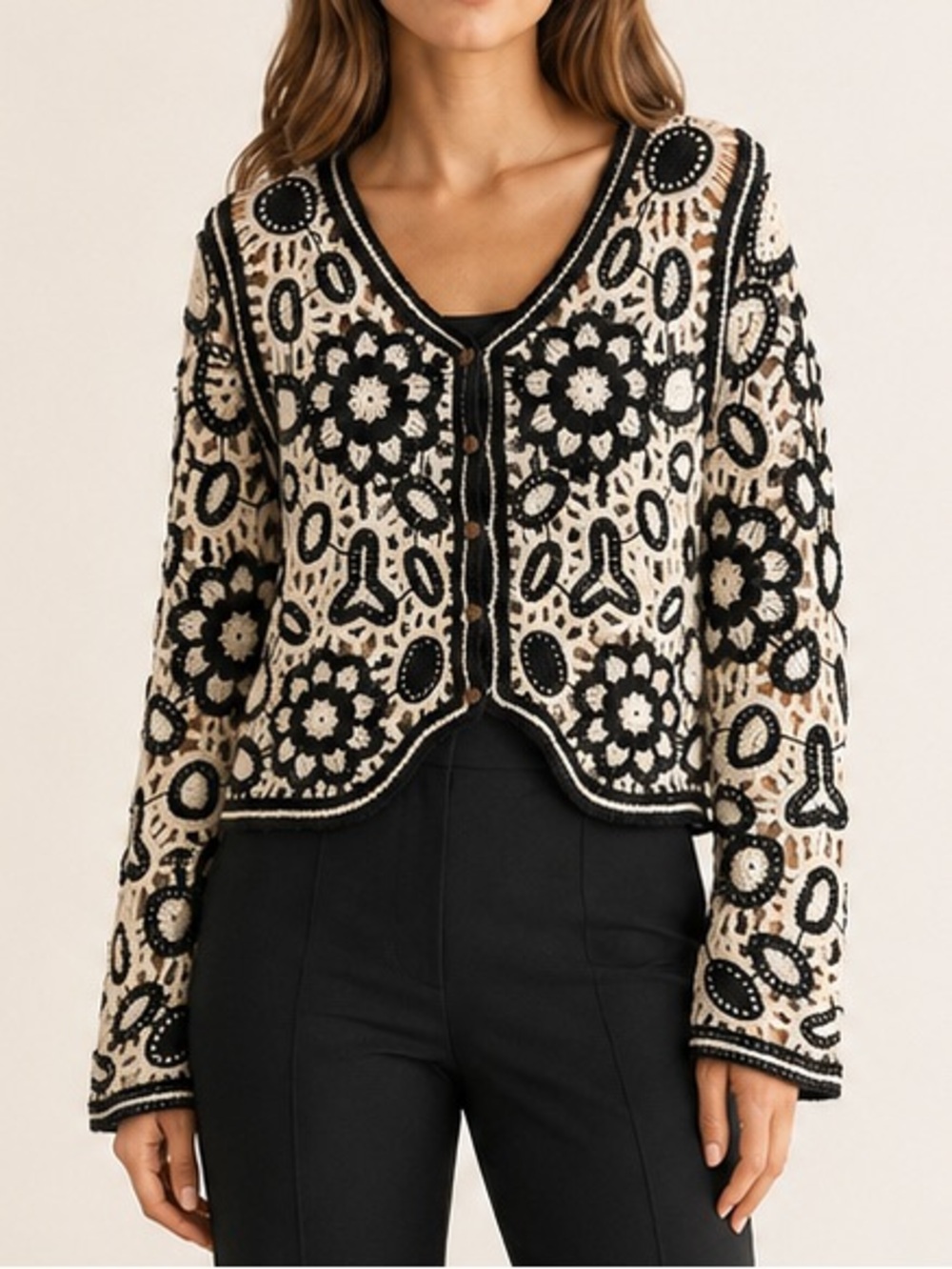QED London Black Cream Floral Crochet Cardigan S/M